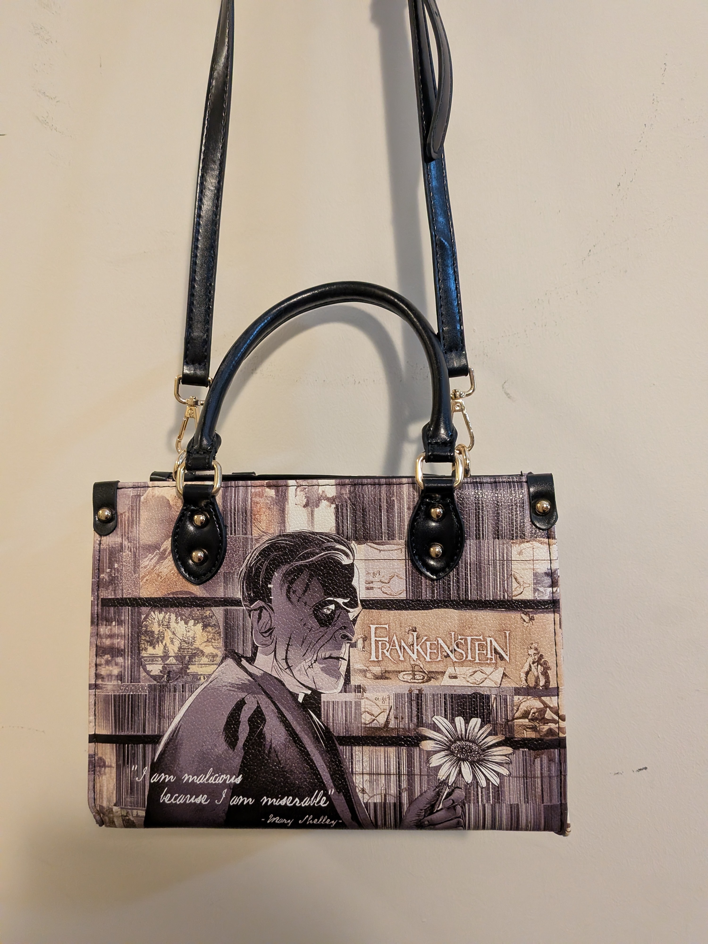 Frankenstein Graphic Satchel Handbag - Black & Beige